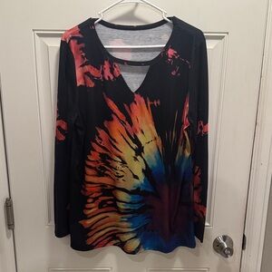 Tie-Dye V-Neck Long Sleeve Top - Black with Multicolor Burst